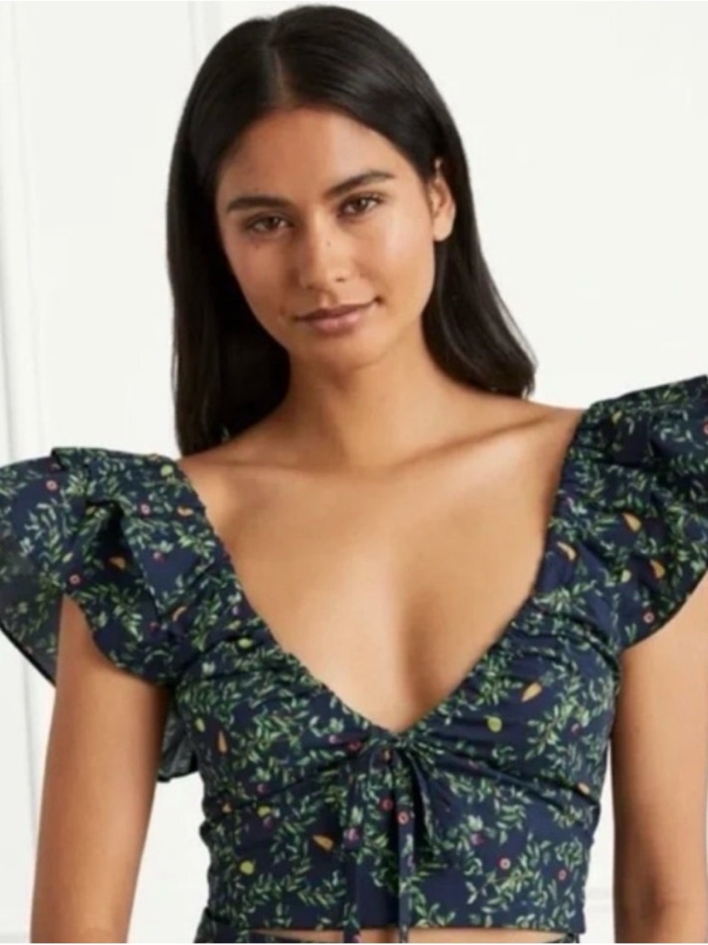 Hill House Navy Floral Tie-Front Ruffle Crop Top the Alexa. Midnight garden